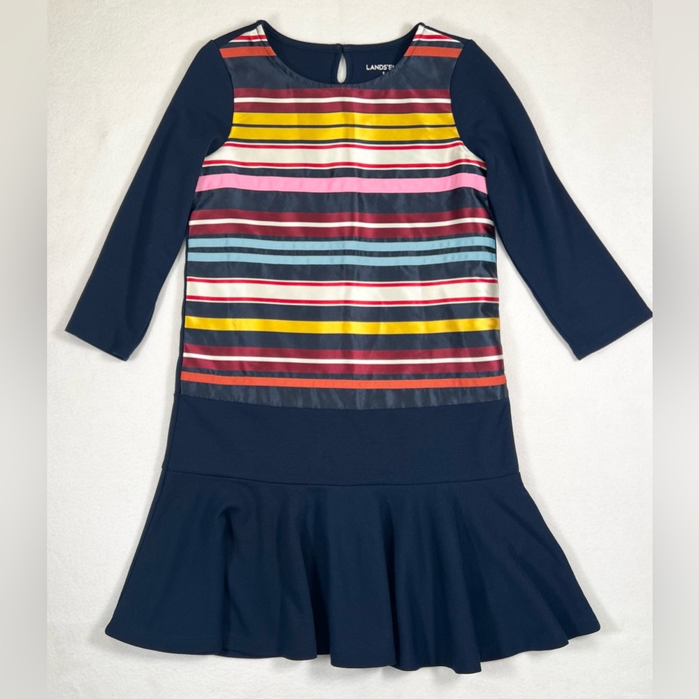 LANDS END Girls Navy Blue Multi Color Stripe Grosgrain Ribbon Dress S 7-8 Preppy